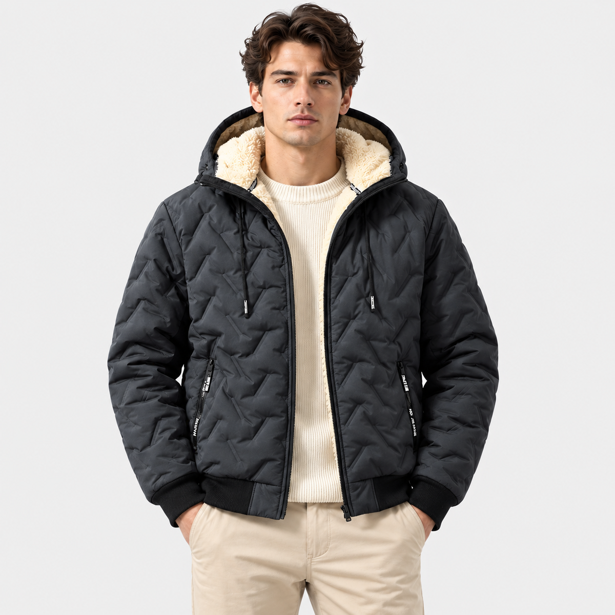 A man wearing a black quilted hooded jacket with a cream sherpa-lined hood, layered over a cream knit sweater and beige pants, against a light gray studio background.