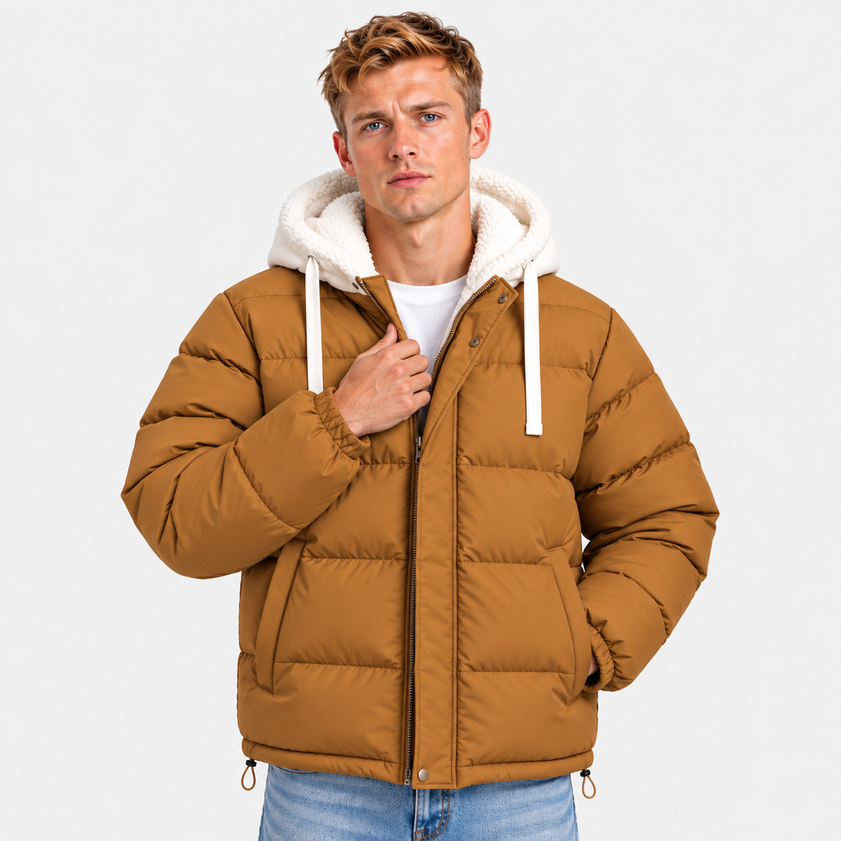 Men's mustard brown quilted puffer jacket with white hood and drawstrings