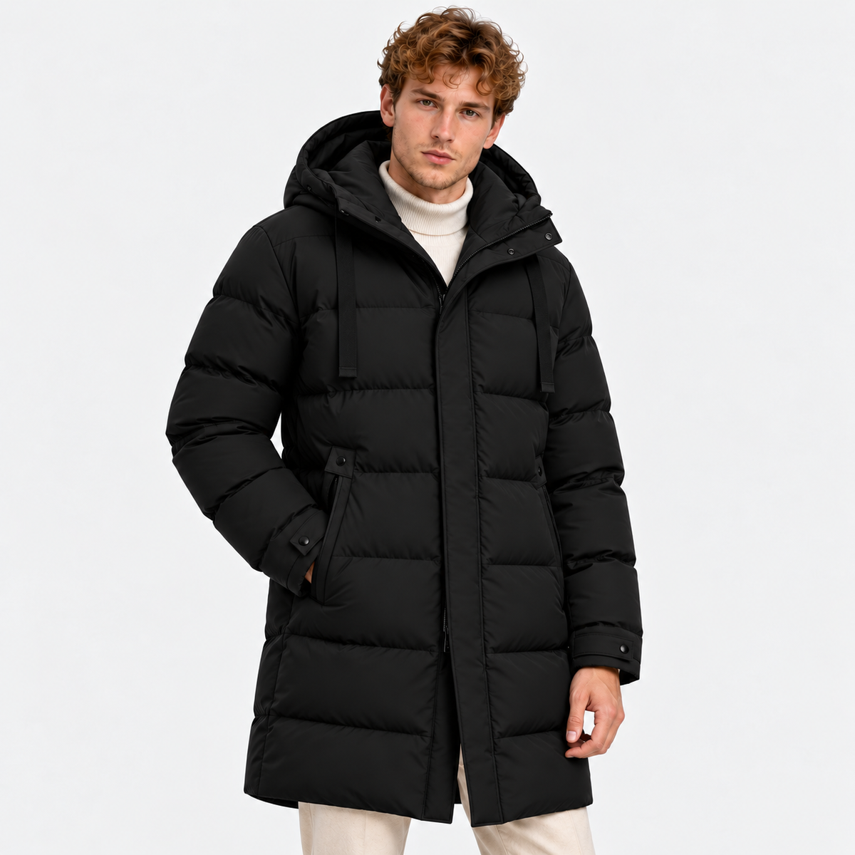 Men's light gray long hooded puffer coat with quilted design and front pockets