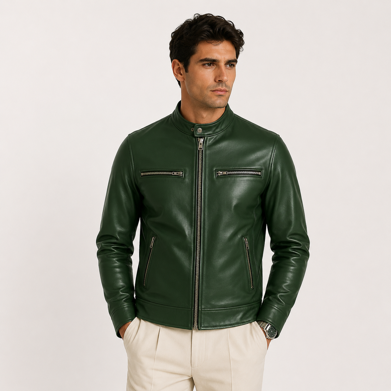 A man wearing a dark green leather jacket with silver zippers and a stand collar, paired with off-white trousers, photographed against a plain light gray studio background.