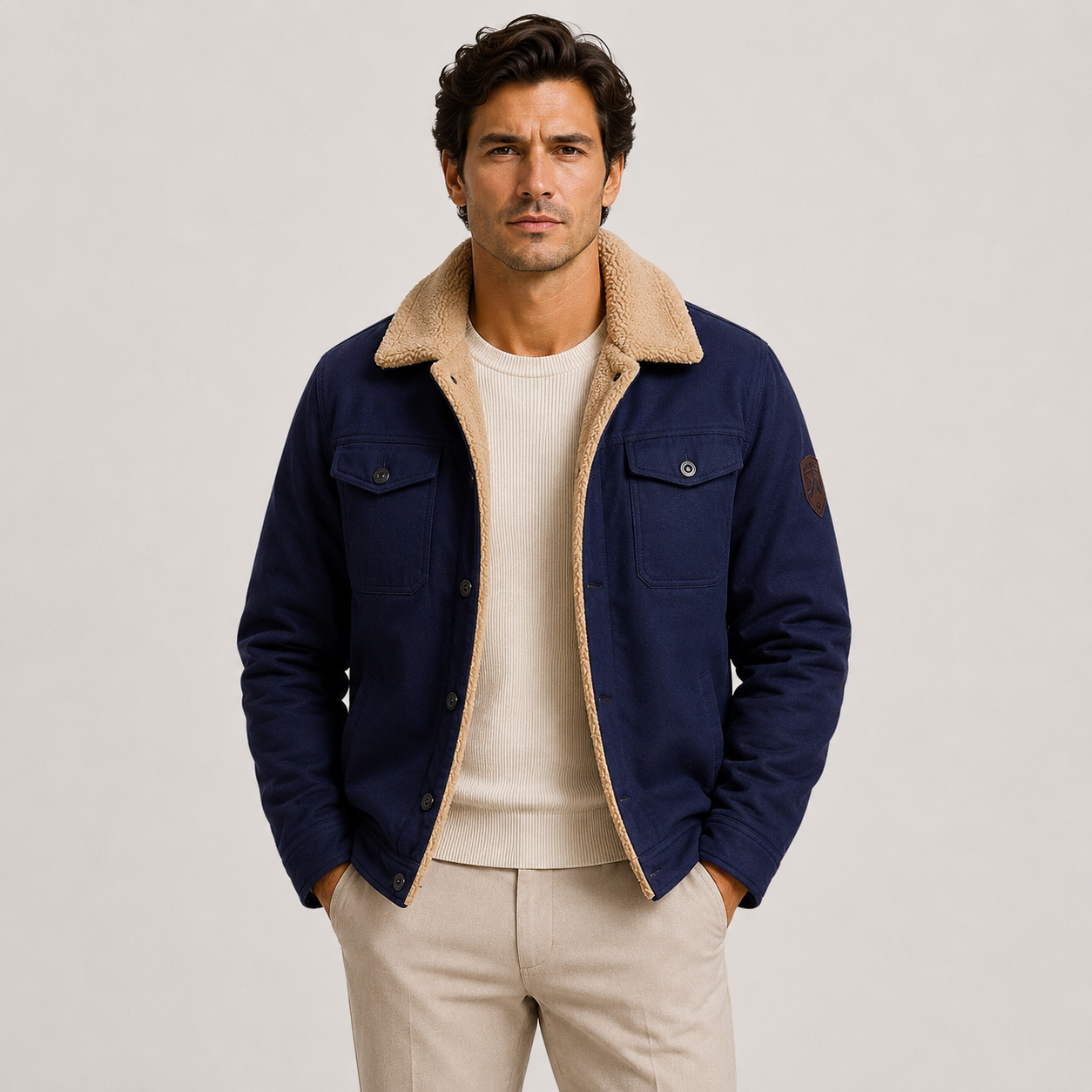 A man wearing a navy blue jacket with a beige sherpa collar, layered over a cream ribbed sweater and beige trousers, standing against a light gray studio background.
