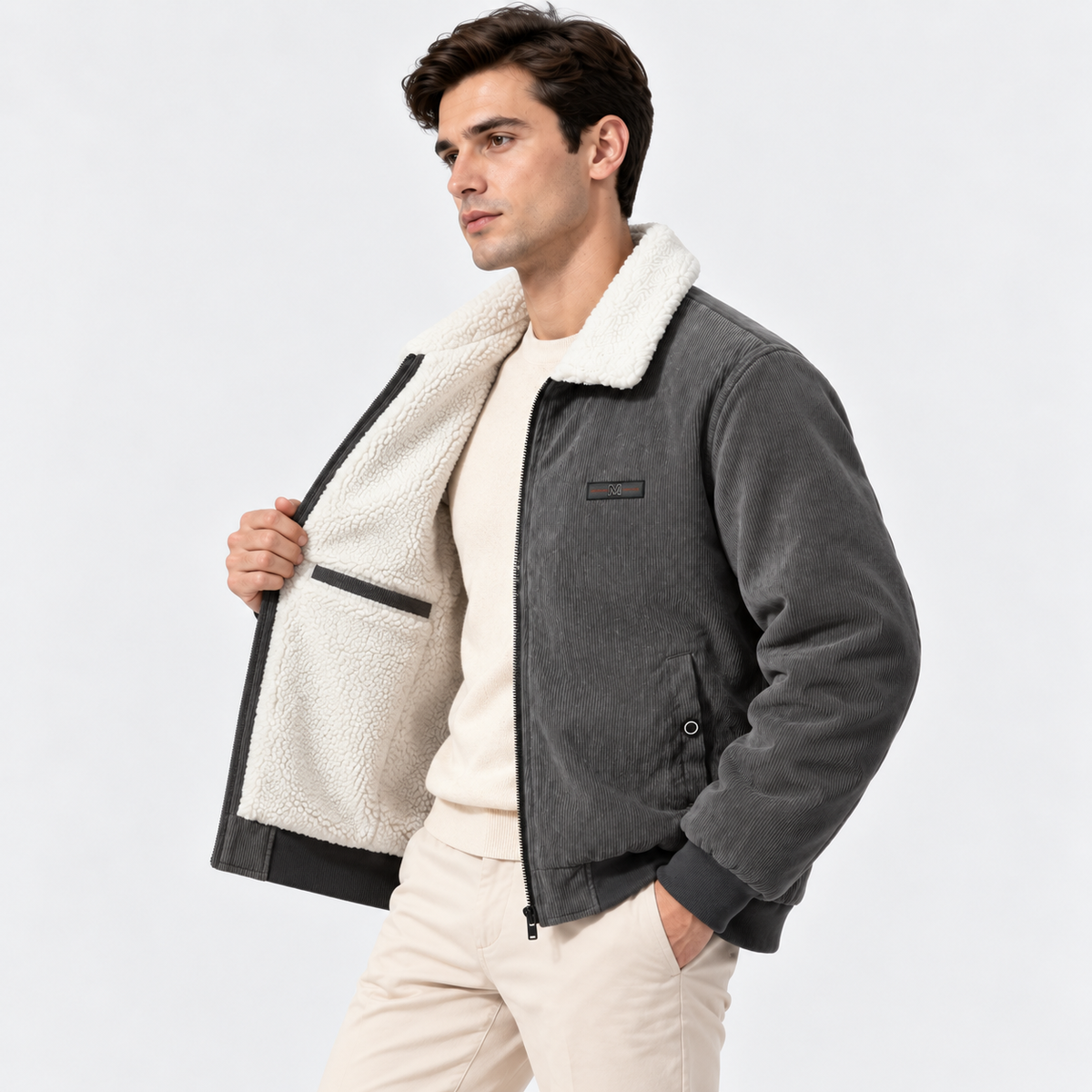 Side view of a man wearing a gray shearling collar jacket with white pants