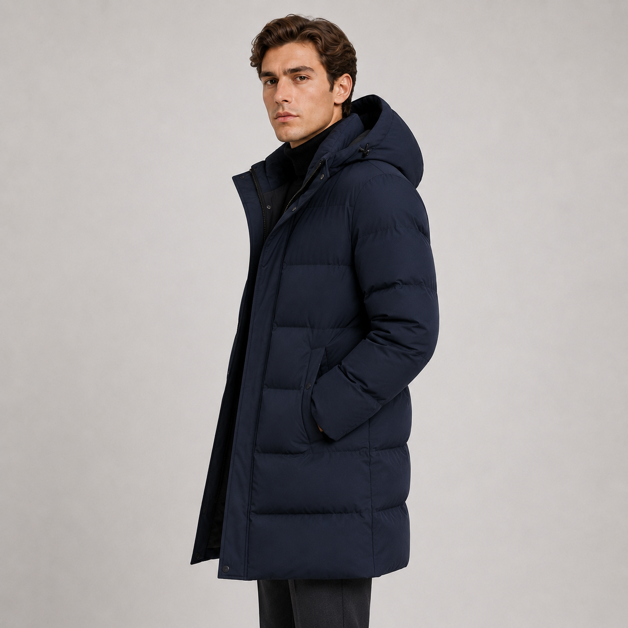 A man wearing a long navy blue hooded puffer coat over a black turtleneck, standing against a light gray studio background.