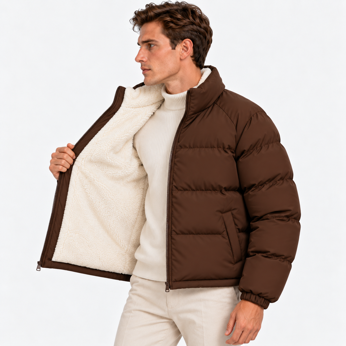Side view of a man wearing a brown quilted puffer jacket with a stand collar