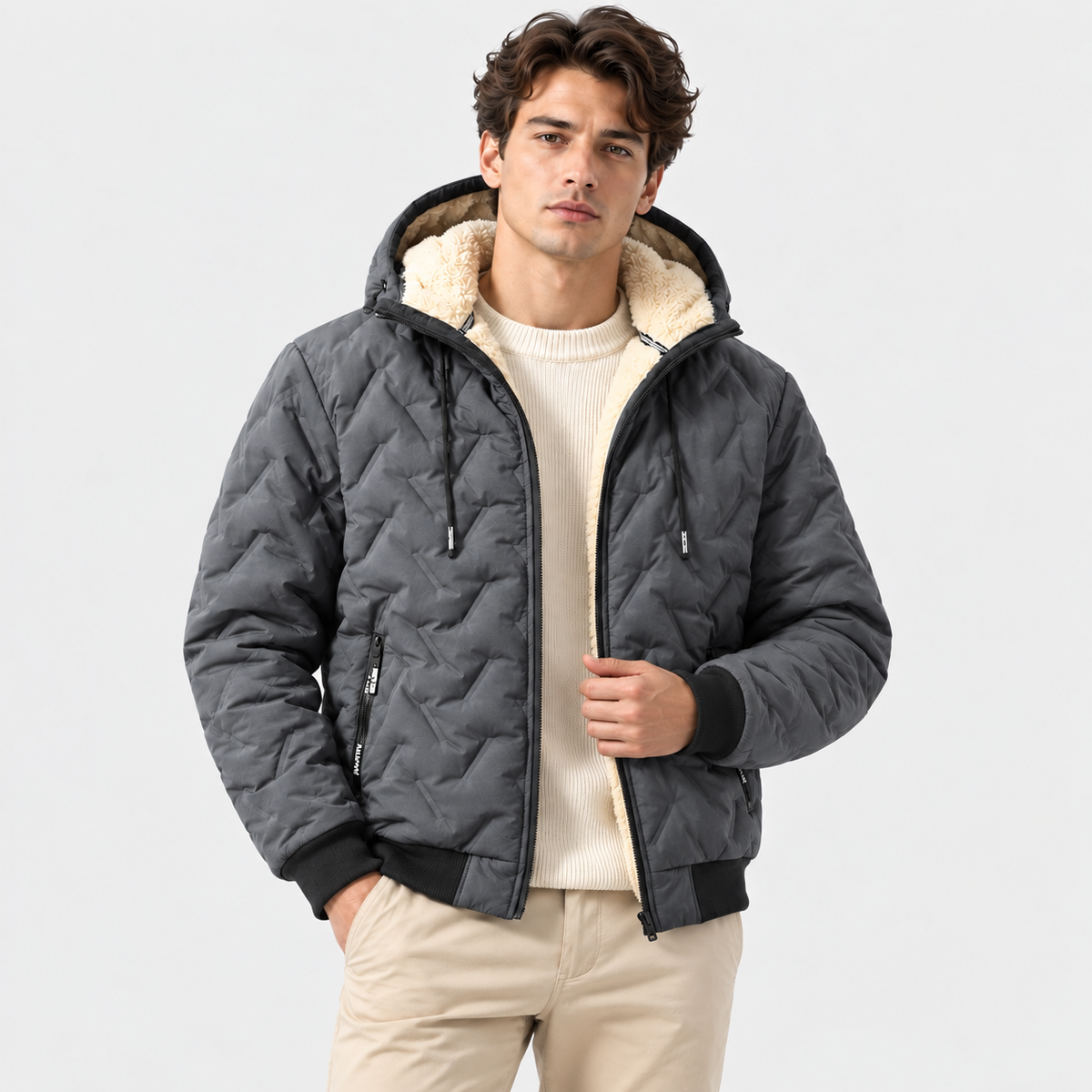 A man wearing a dark gray quilted hooded puffer jacket with a cream sherpa lining, styled over a cream knit sweater and beige trousers, against a light gray studio background.