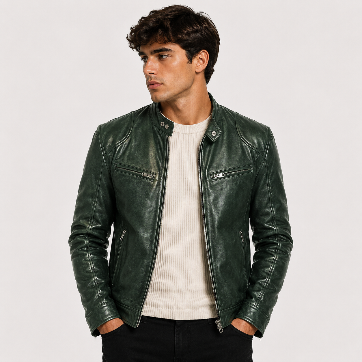 A man wearing a dark green leather motorcycle jacket over a cream ribbed sweater and black pants, standing against a light gray studio background.