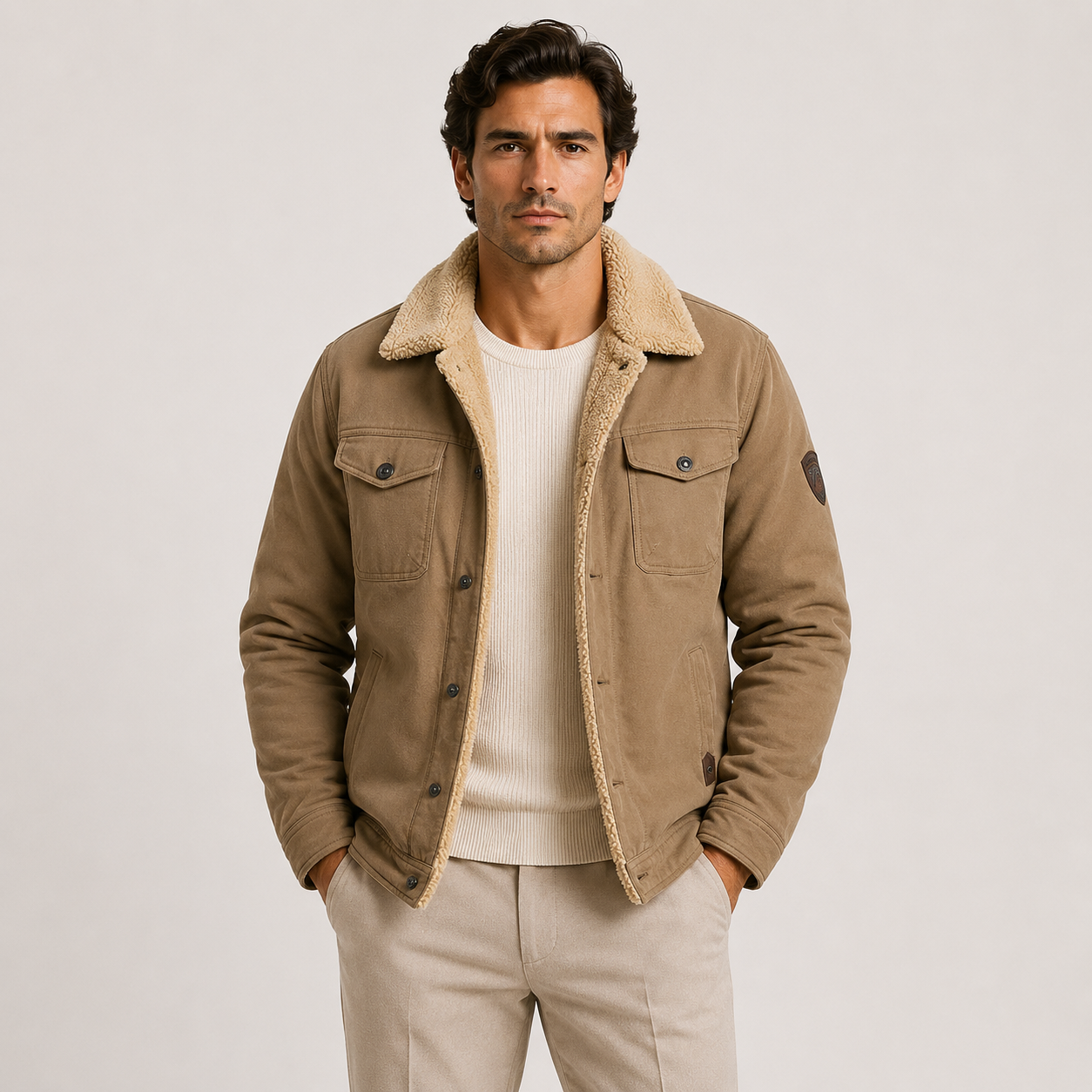 A man wearing a tan corduroy-trimmed jacket over a cream ribbed sweater and beige trousers, standing against a light gray studio background.