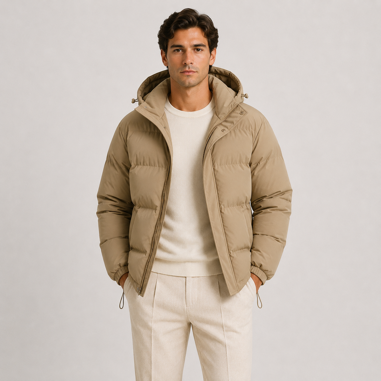 A man wearing a light brown hooded puffer jacket over a cream crewneck sweater and cream trousers, standing against a light gray studio background.
