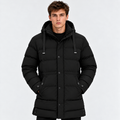 Men's black hooded puffer jacket with quilted design and front pockets