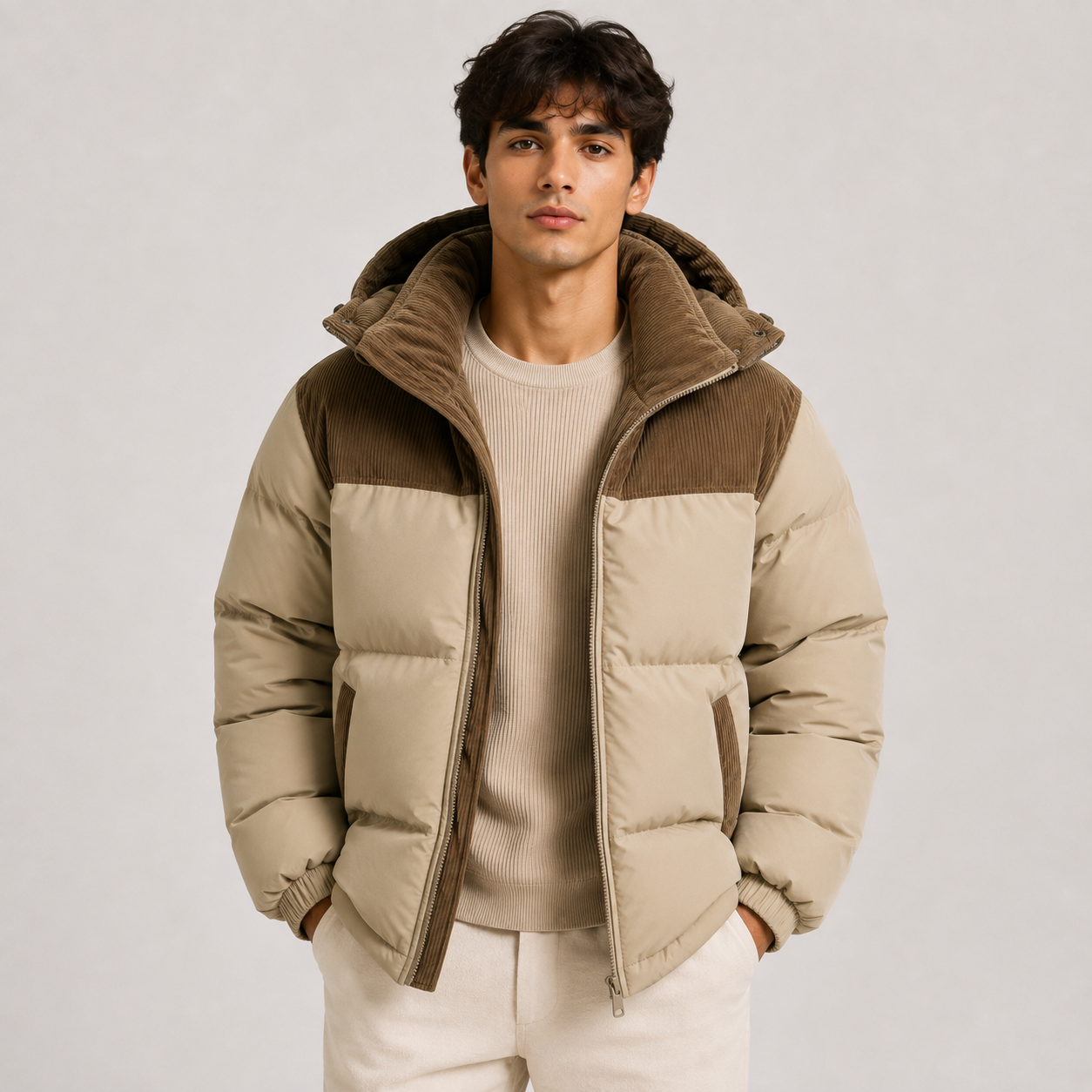 A man wearing a beige and brown puffer jacket with a corduroy collar and hood, layered over a beige ribbed sweater and cream pants, photographed against a light gray studio background.