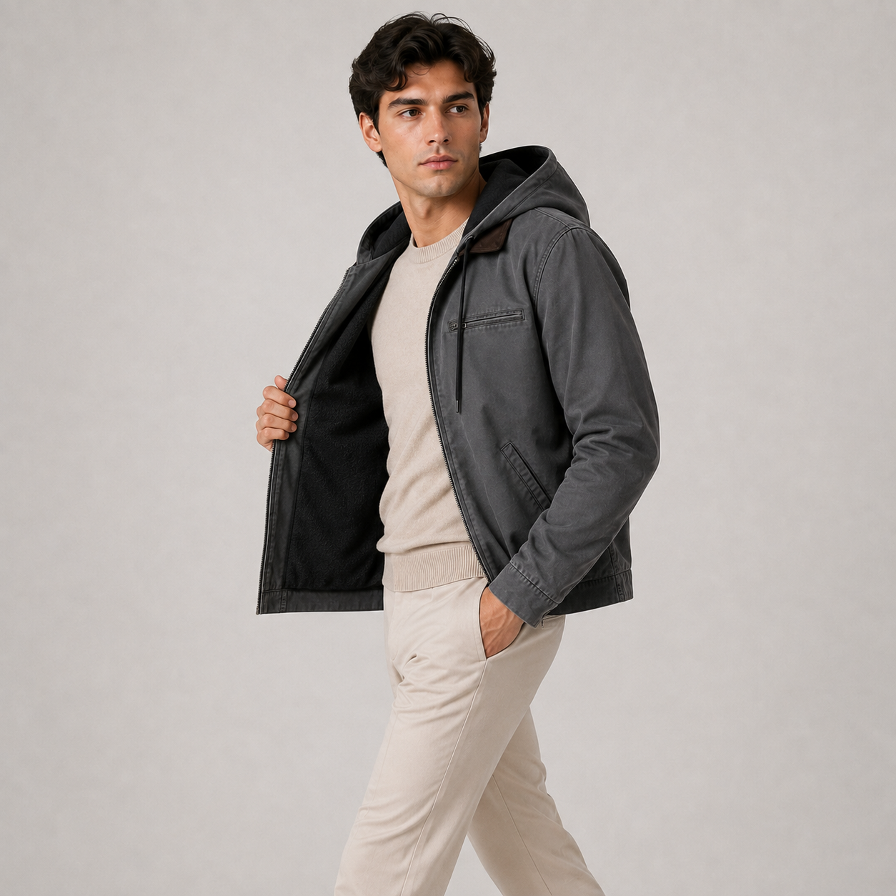A man wearing a dark gray hooded jacket over a beige crewneck sweater and light beige pants, standing against a light gray studio background.