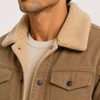 Close-up of a man wearing a tan corduroy jacket with a thick beige sherpa collar over a cream ribbed sweater.