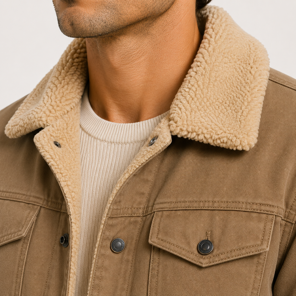 Close-up of a man wearing a tan corduroy jacket with a thick beige sherpa collar over a cream ribbed sweater.
