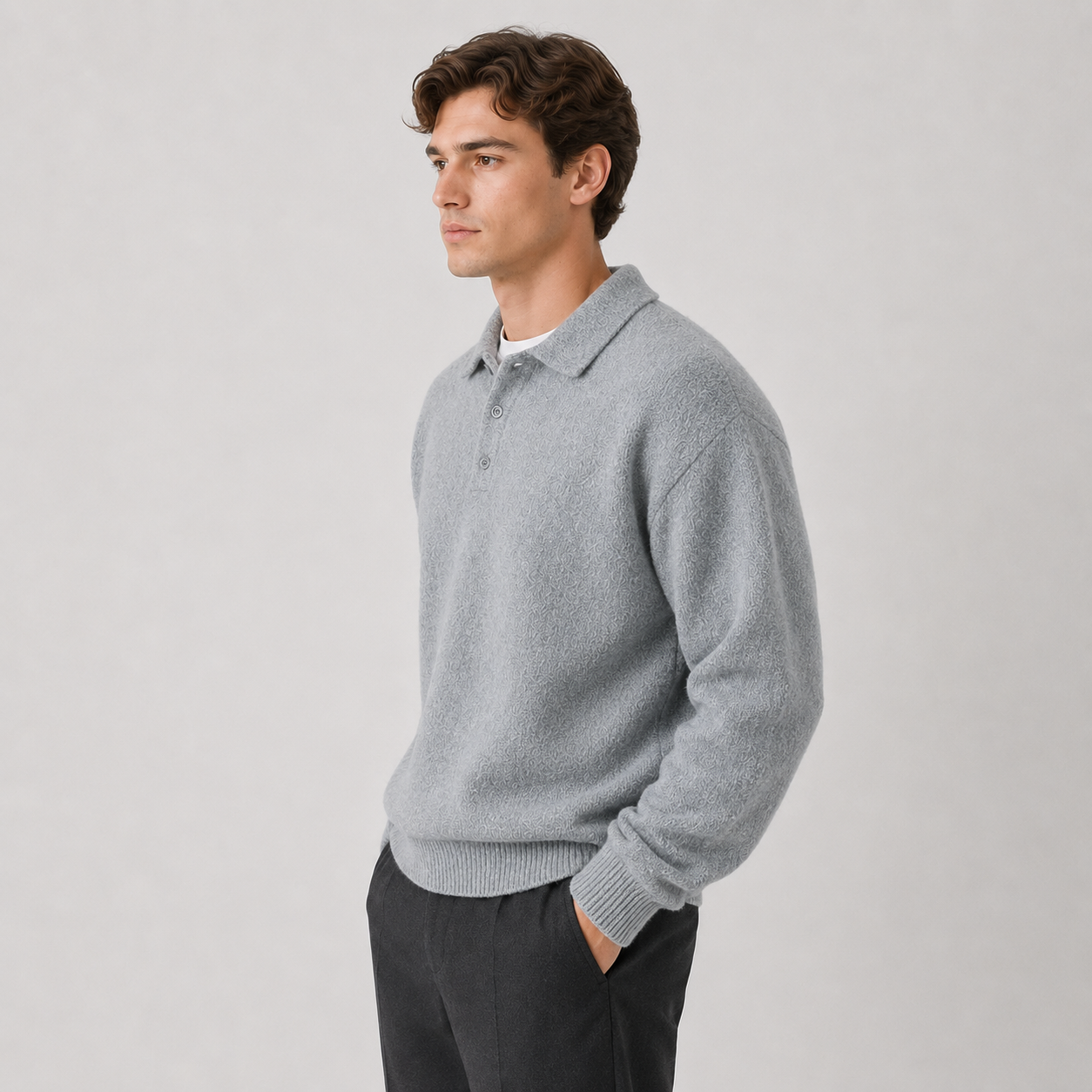 A man wearing a light gray knit polo sweater and dark trousers, standing against a plain light gray studio background.