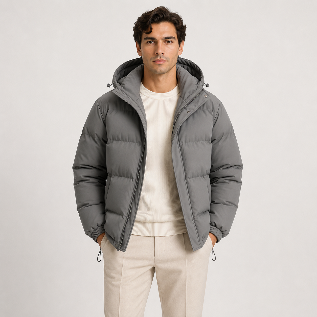 A man wearing a gray hooded puffer jacket over a cream ribbed sweater and beige trousers, standing against a light gray studio background.