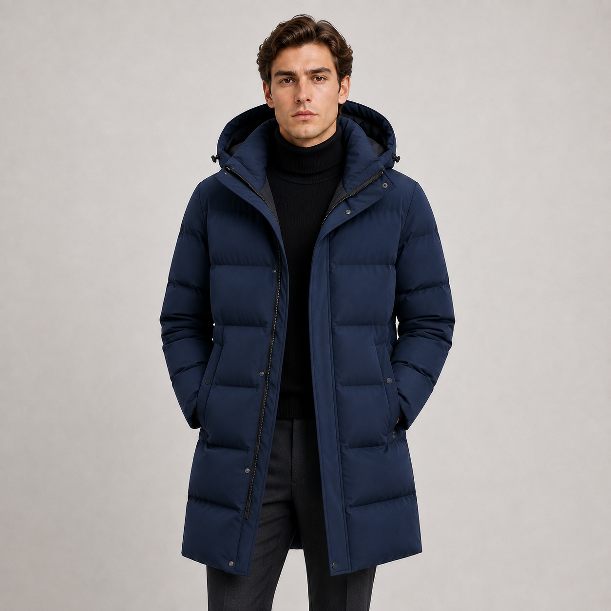 A man wearing a long navy blue hooded puffer jacket over a black turtleneck sweater and dark trousers, standing against a plain light gray studio background.