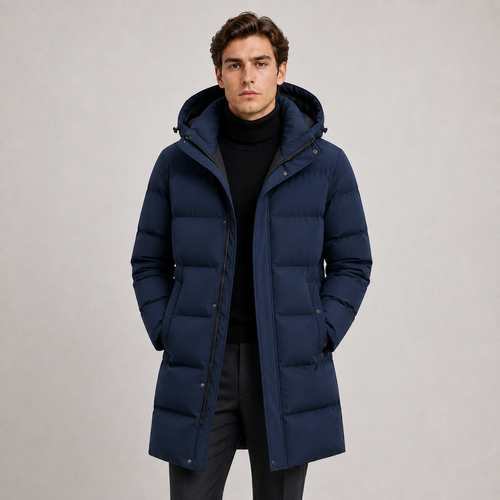 A man wearing a long navy blue hooded puffer jacket over a black turtleneck sweater and dark trousers, standing against a plain light gray studio background.