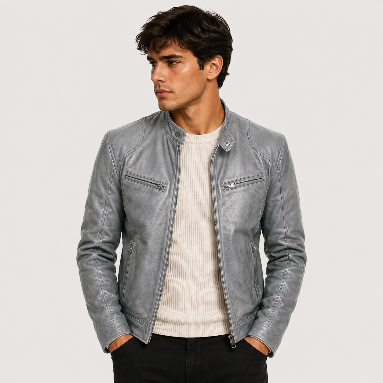 A man wearing a light gray leather moto jacket over a cream ribbed sweater and black pants, standing against a light gray studio background.