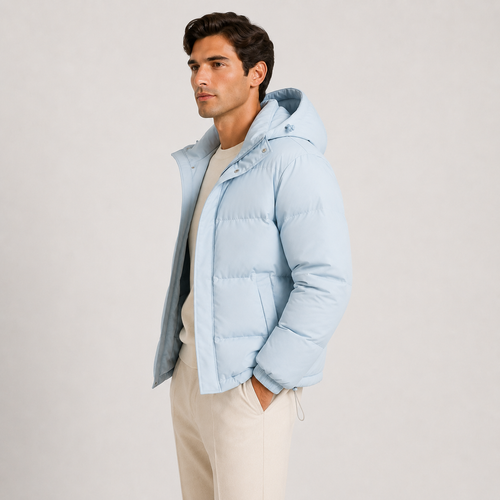 A man wearing a light blue hooded puffer jacket over a cream sweater and beige trousers, standing against a plain light gray studio background.