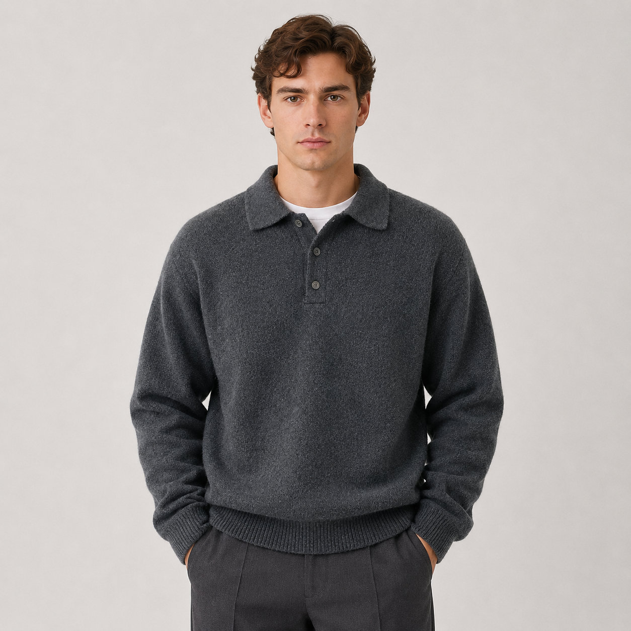 A man wearing a dark gray knit polo sweater over a white undershirt, paired with dark gray trousers, standing against a light gray studio background.