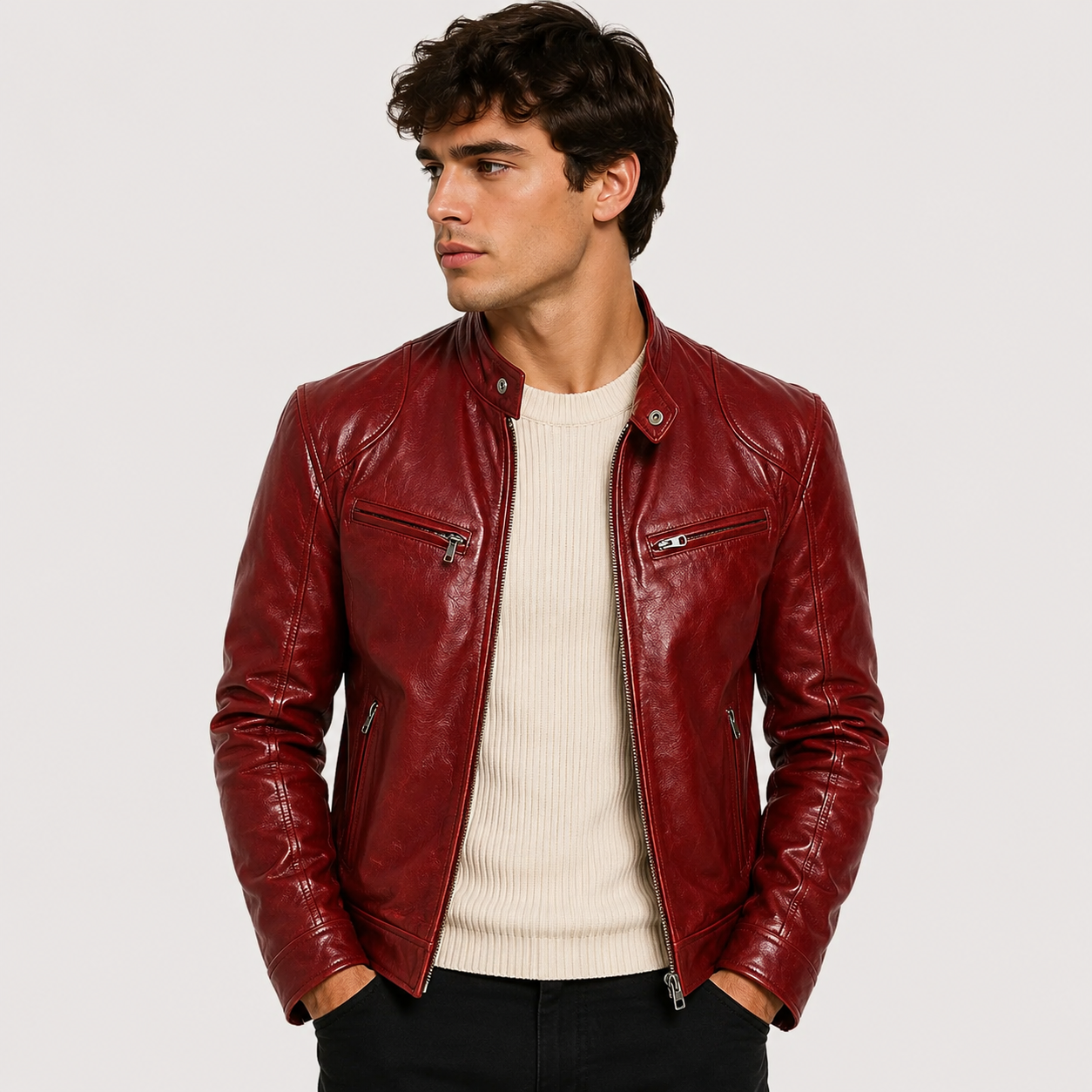 A man wearing a glossy dark red leather jacket over a cream ribbed sweater and black pants, photographed against a light gray studio background.