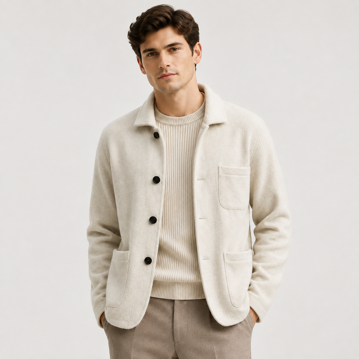 A man wearing a light beige textured cardigan over a cream ribbed sweater and beige trousers, standing against a plain light gray studio background.