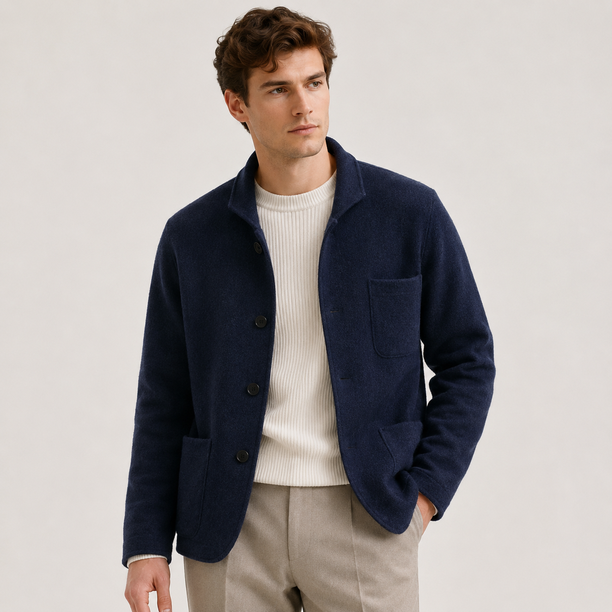 A man wearing a navy blue corduroy jacket over a cream ribbed sweater and beige trousers, standing against a light gray studio background.