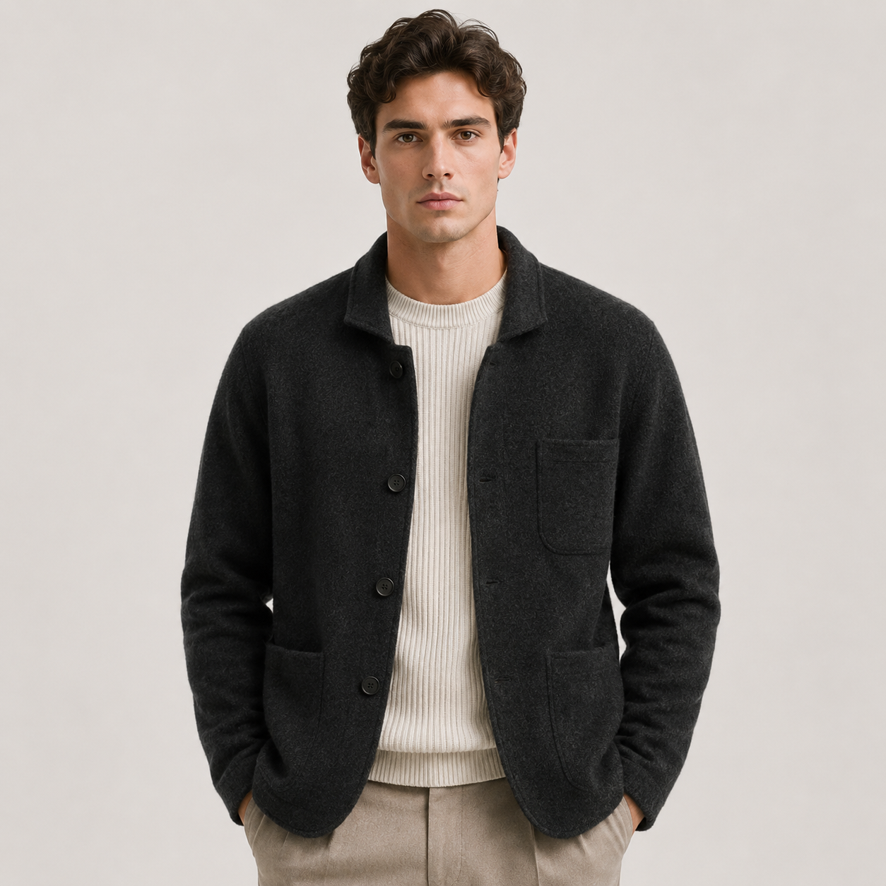 A man wearing a dark charcoal wool-blend button-front cardigan over a cream ribbed sweater and beige trousers, standing against a light gray studio background.