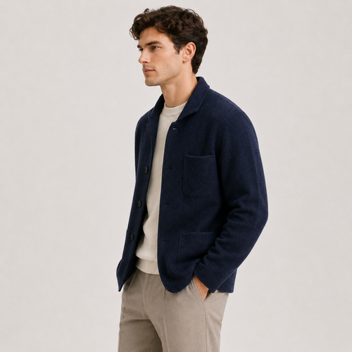 A man wearing a navy blue knit cardigan over a cream crewneck sweater and beige trousers, standing against a light gray studio background.