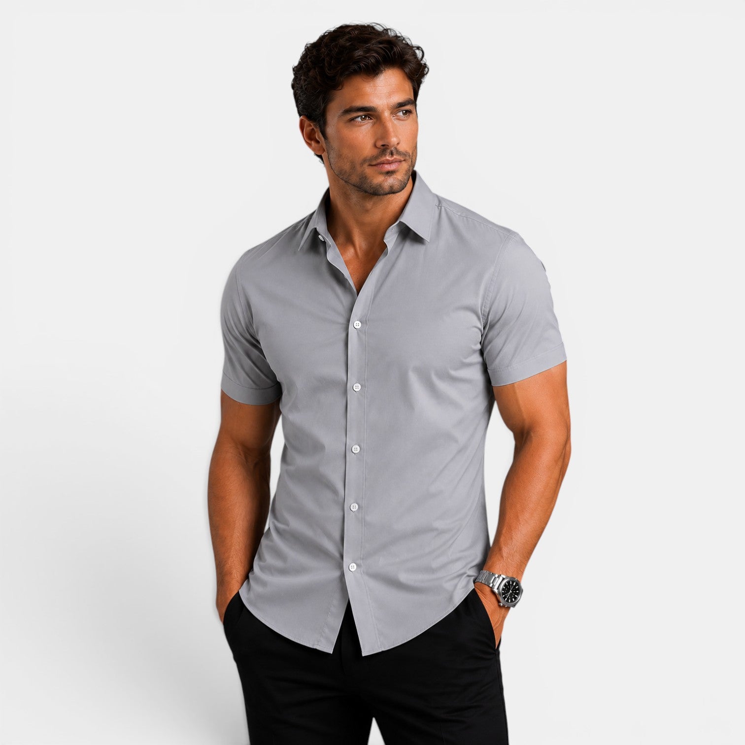 Man wearing a gray short-sleeve shirt on a white background
