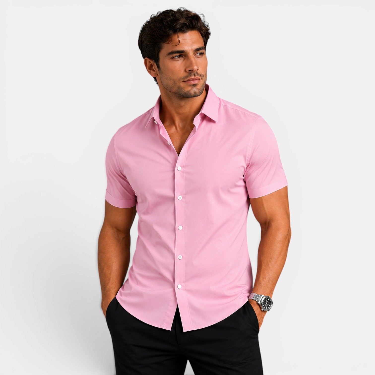 Man wearing a pink short-sleeve shirt on a white background
