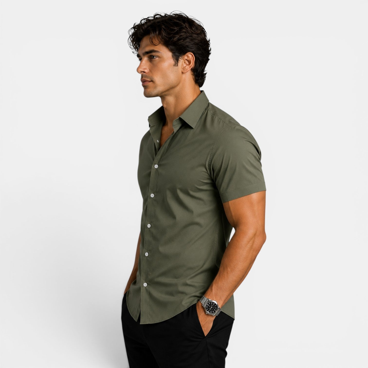 Man wearing a green shirt on a white background