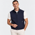 Men's navy blue zip-up vest with stand collar and front pockets
