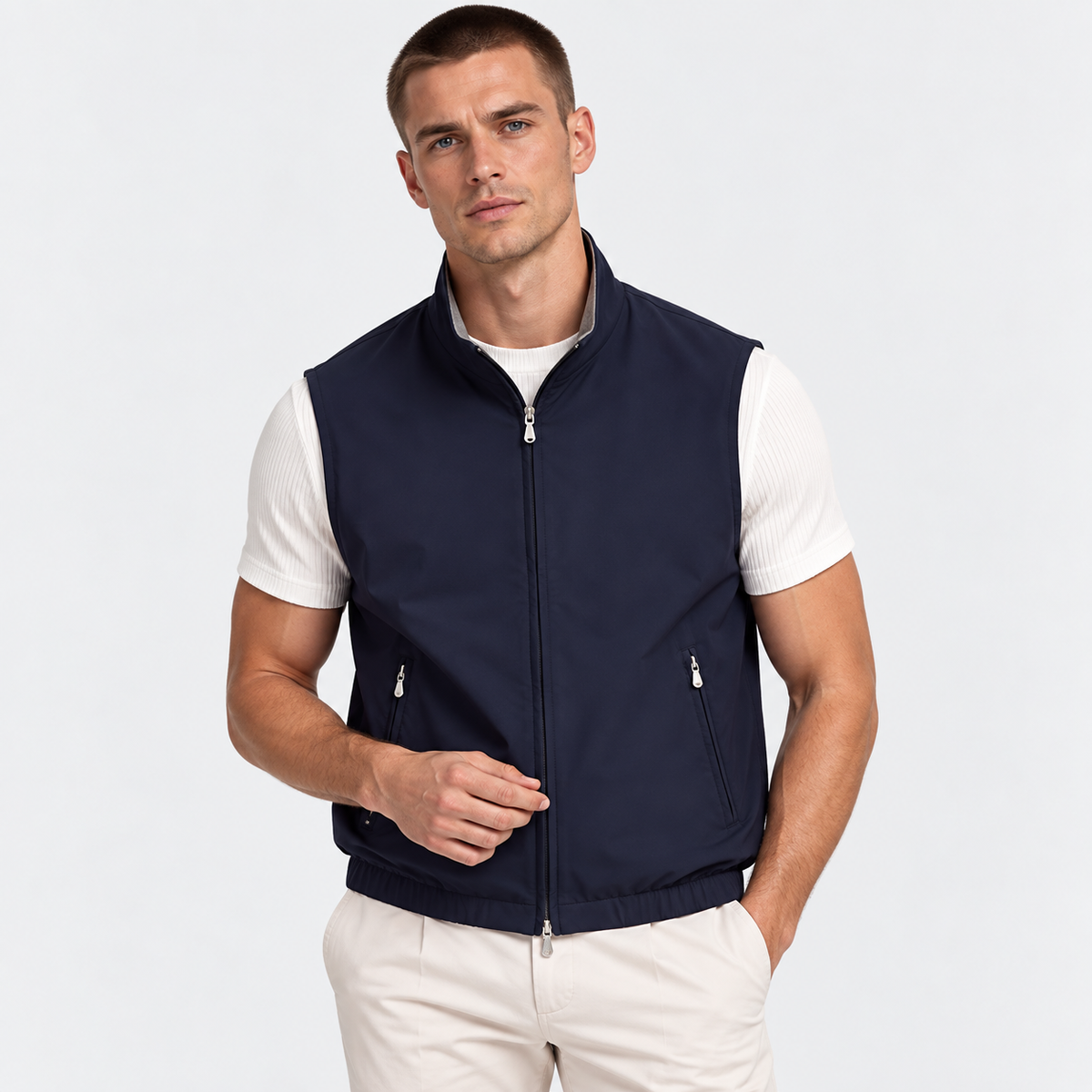Men's navy blue zip-up vest with stand collar and front pockets