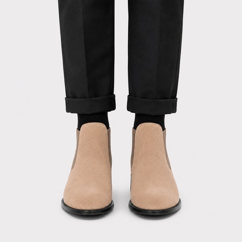 A pair of beige suede Chelsea-style ankle boots worn with black socks and black trousers, shown from the front against a light gray background.
