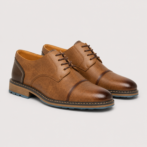 A pair of men's brown leather oxford shoes with a cap toe, dark brown heel panels, and contrast stitching, displayed on a light gray background.