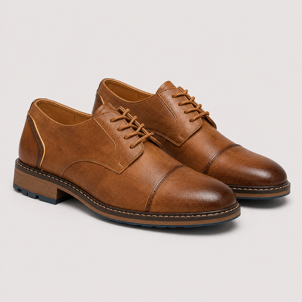 A pair of men's brown leather oxford shoes with a cap toe and laces, displayed on a light gray background.