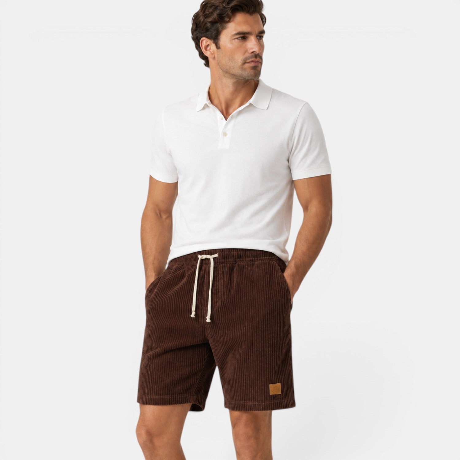 Man wearing a white polo shirt and brown shorts on a white background