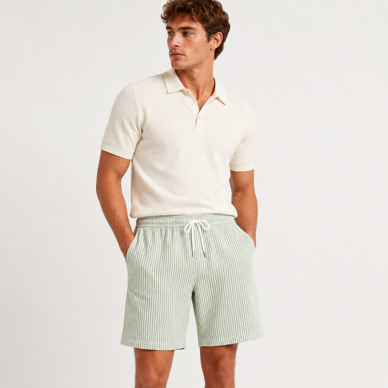 A man wearing a cream short-sleeve polo shirt and light green and white vertically striped drawstring shorts, standing against a plain off-white studio background.