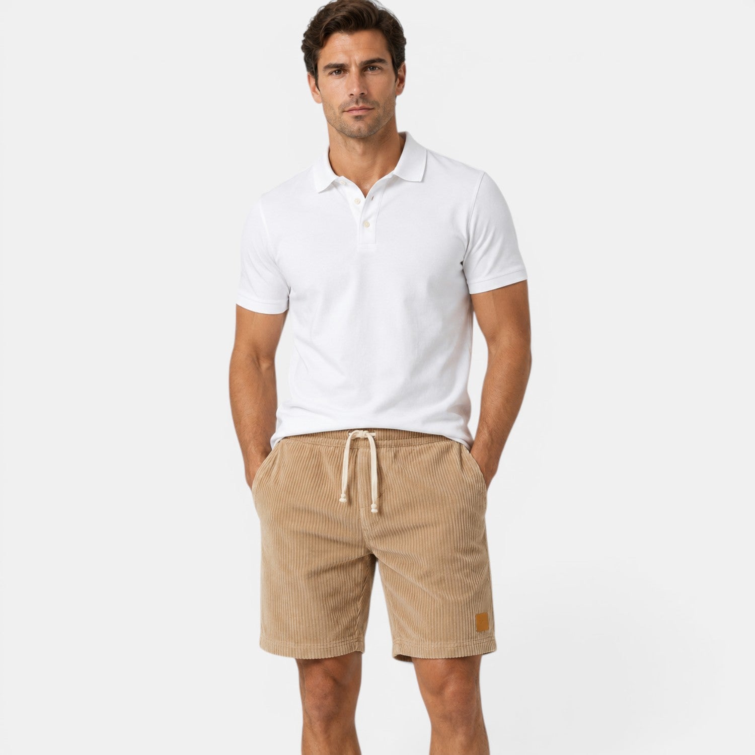 Man wearing a white polo shirt and beige shorts on a light gray background
