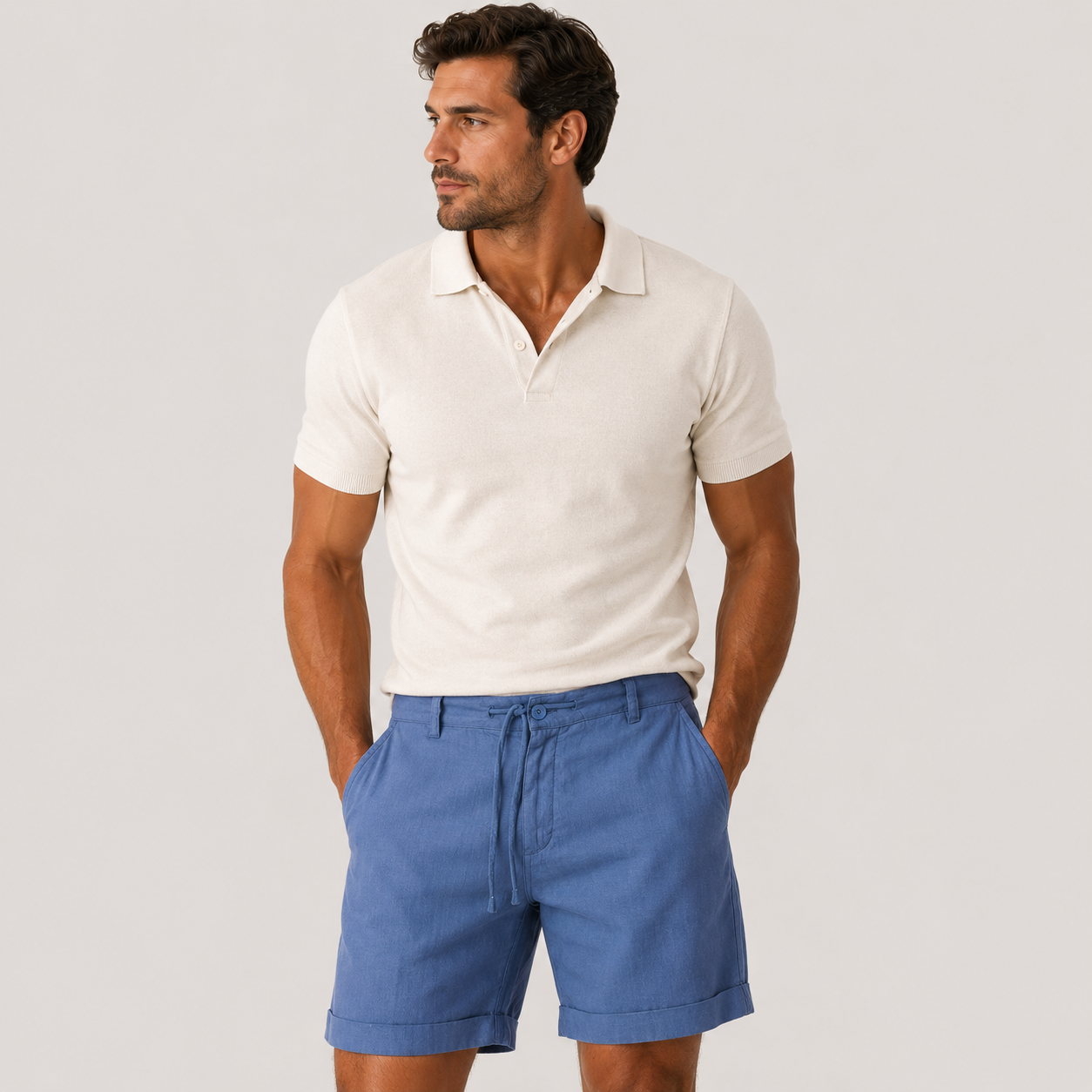 A man wearing a short-sleeve polo shirt in off-white and blue drawstring shorts, standing against a light gray studio background.