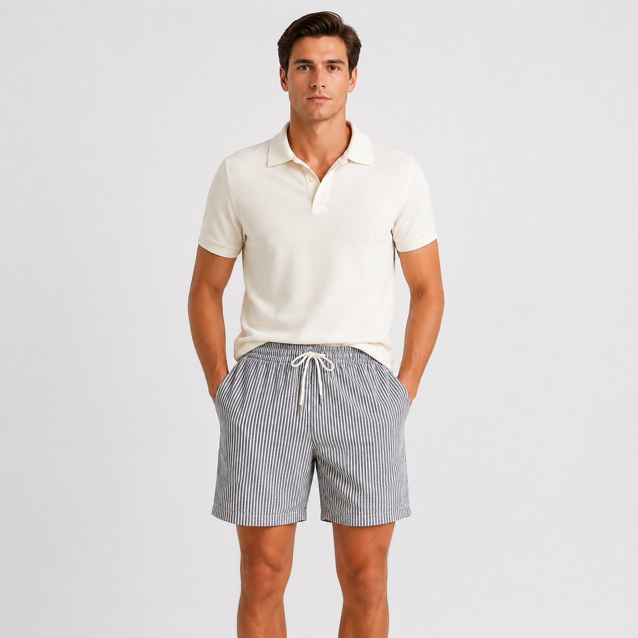 A man modeling a cream short-sleeve polo shirt and gray-and-white vertically striped drawstring shorts against a light gray studio background.