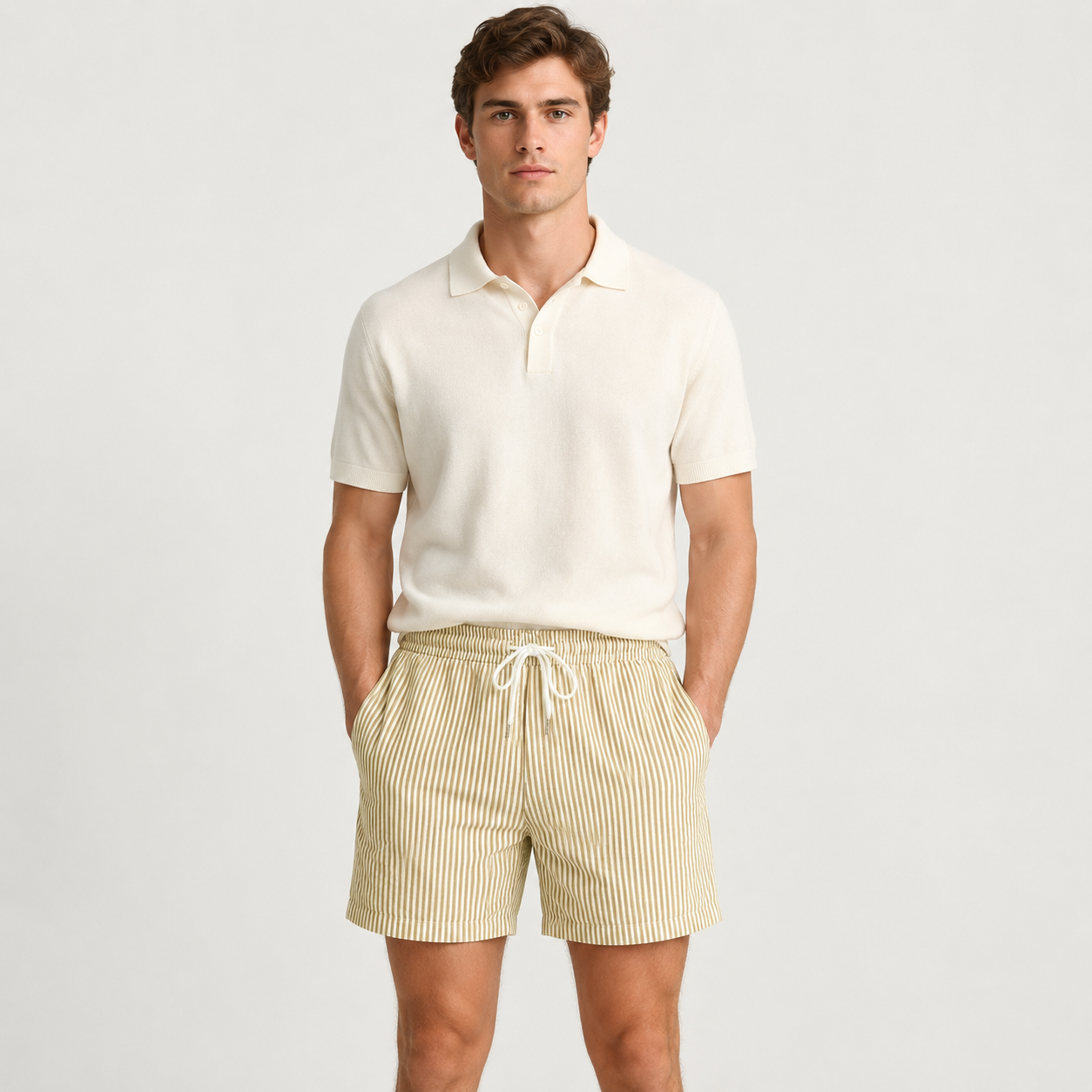 A man modeling a short-sleeve polo shirt and striped drawstring shorts against a light gray studio background.