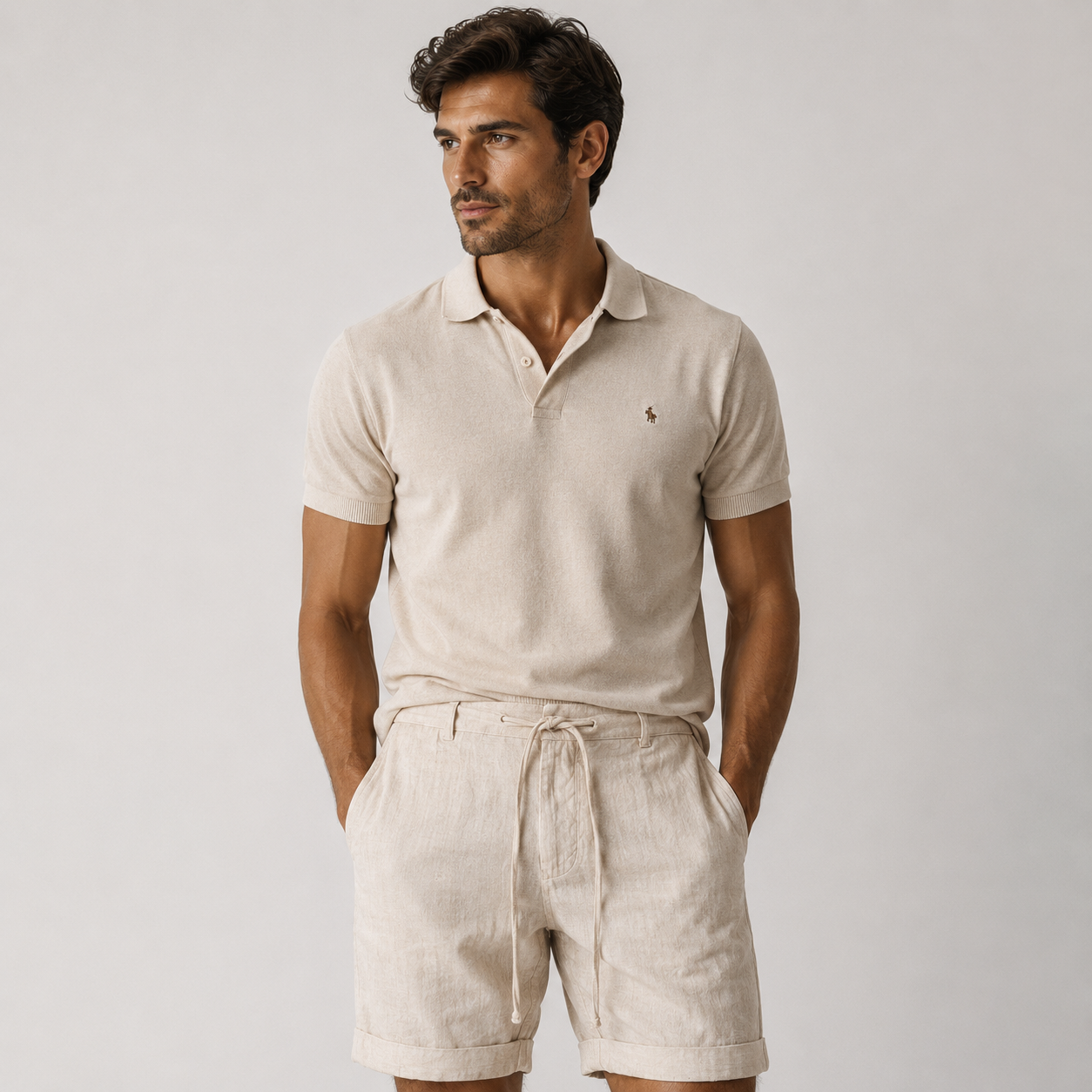 A man wearing a light beige short-sleeve polo shirt and matching drawstring shorts, standing against a plain light gray studio background.