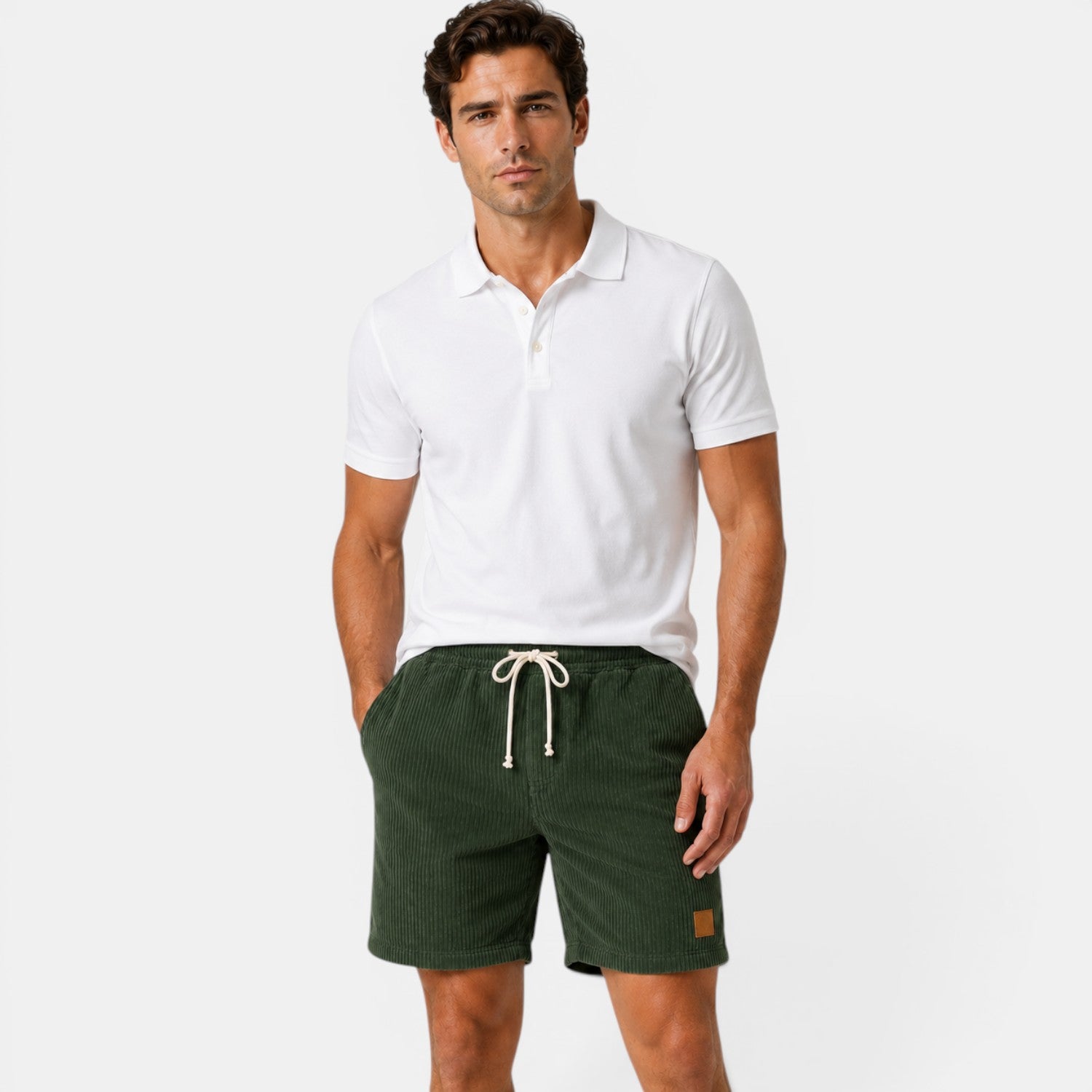 Man wearing a white polo shirt and green shorts on a plain background
