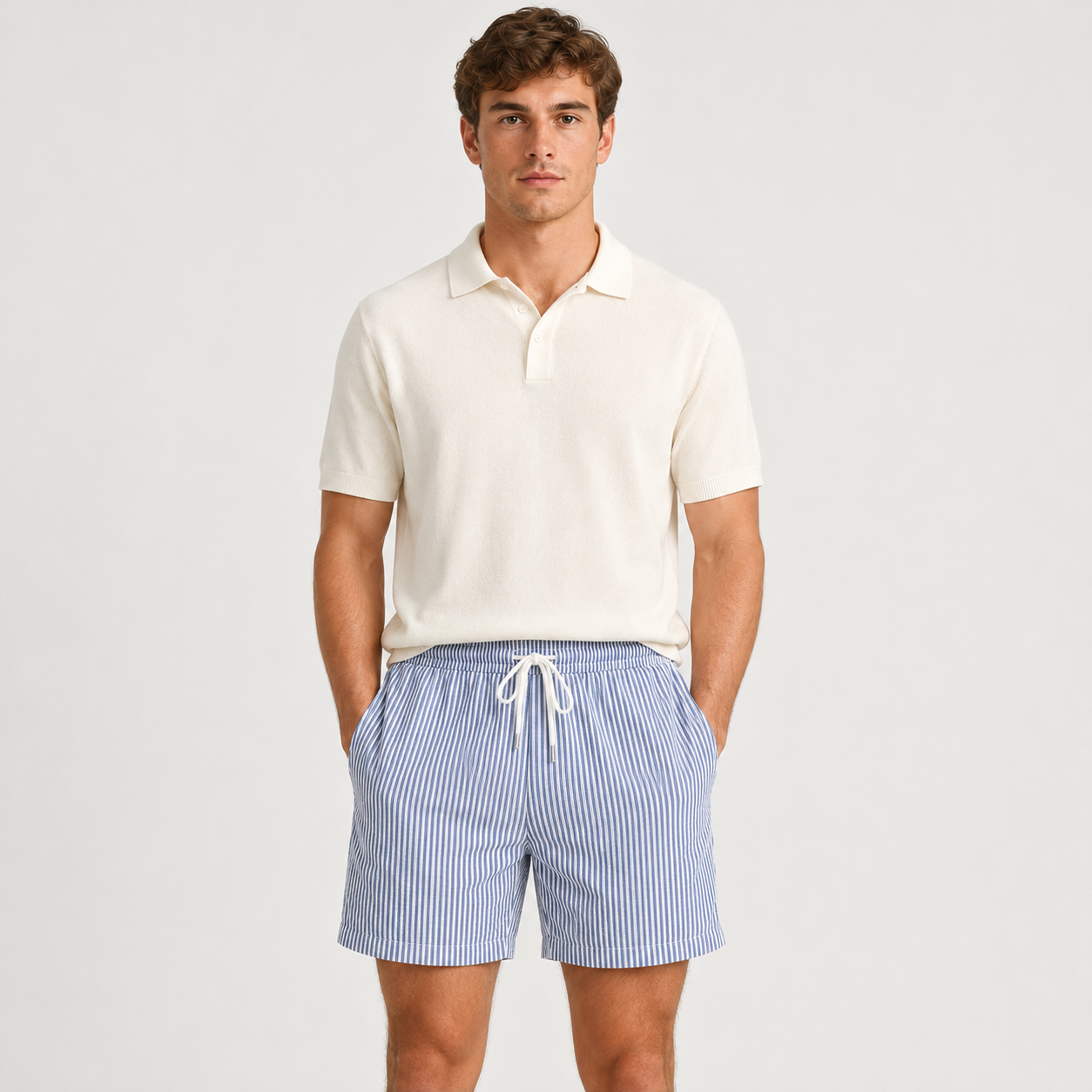 A man modeling a short-sleeve polo shirt in off-white and blue-and-white vertically striped shorts against a light gray studio background.