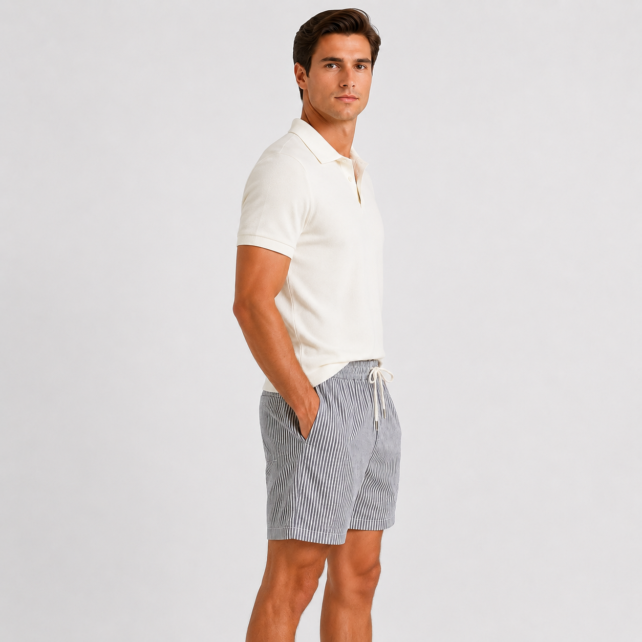 A man wearing a white short-sleeve polo shirt and gray and white vertically striped drawstring shorts, standing in profile against a light gray studio background.