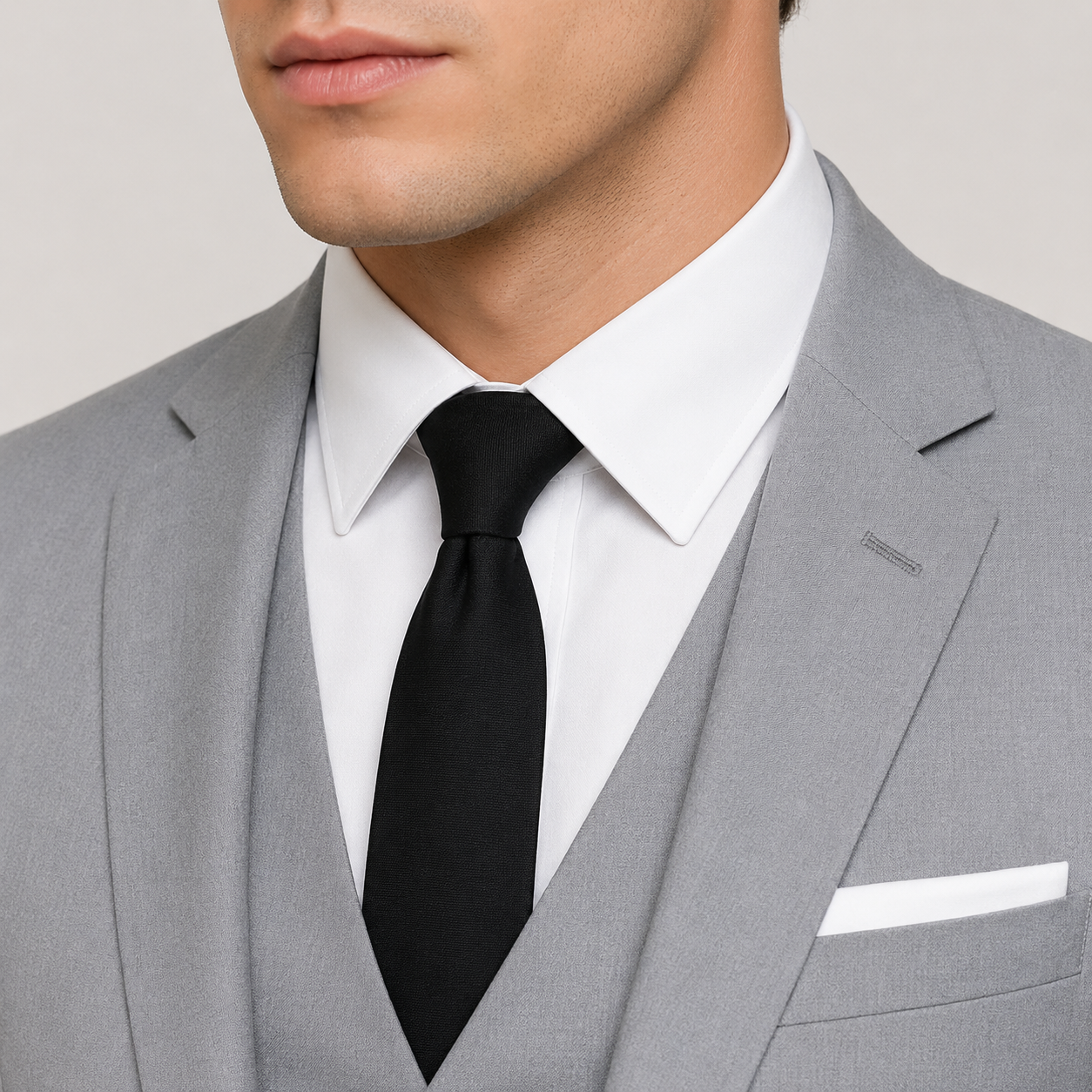 A close-up of a man wearing a light gray three-piece suit, white dress shirt, and black tie against a plain light gray background.