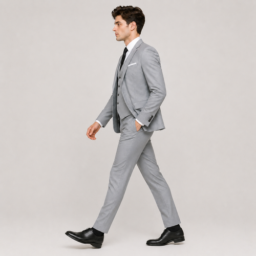 A man wearing a light gray three-piece suit, white dress shirt, black tie, and black dress shoes, walking in profile against a plain light gray studio background.