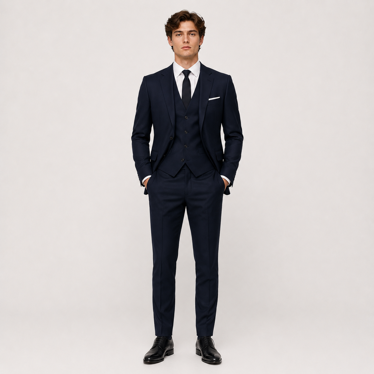 A man modeling a dark navy blue three-piece suit with a white dress shirt, black tie, and white pocket square, standing against a light gray studio background.